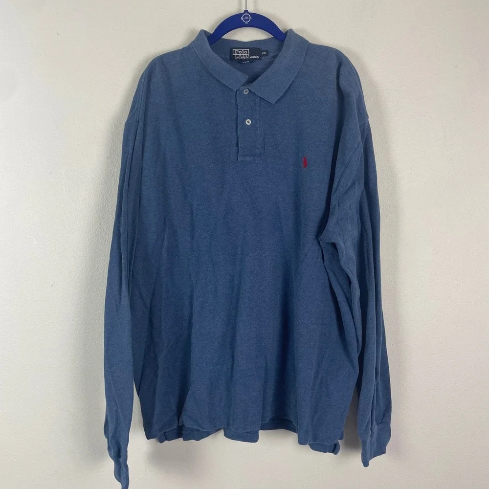VTG Polo Ralph Lauren Long Sleeve Polo Shirt Blue Red Pony Logo Men's XXL